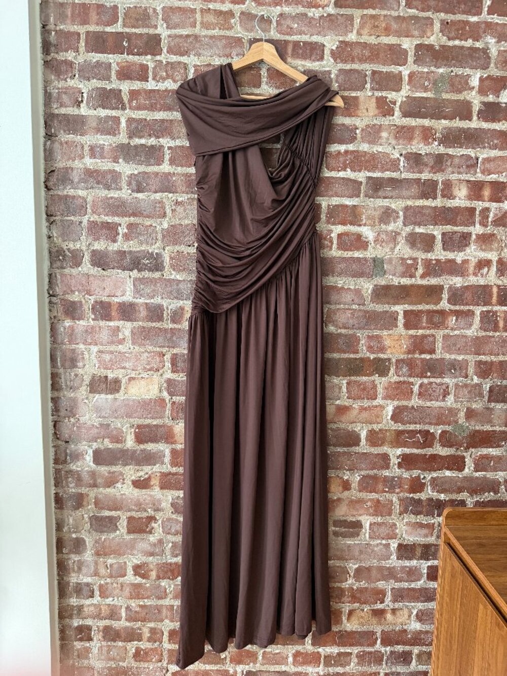 Brown Draped Ruched Maxi Gown Formal Evening Dress Floor Length